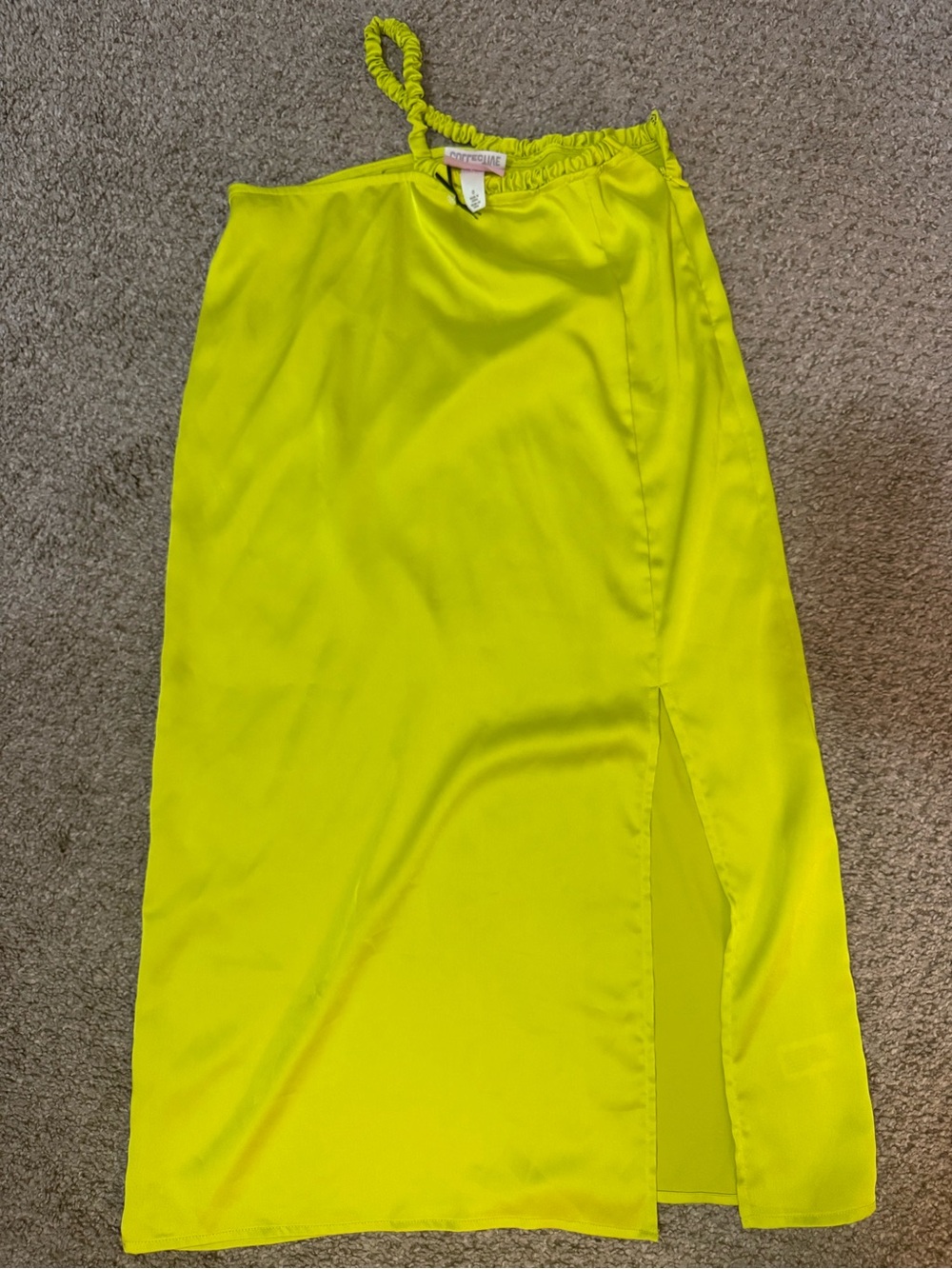 Neon Lime Satin Midi Slip Skirt with Side Slit